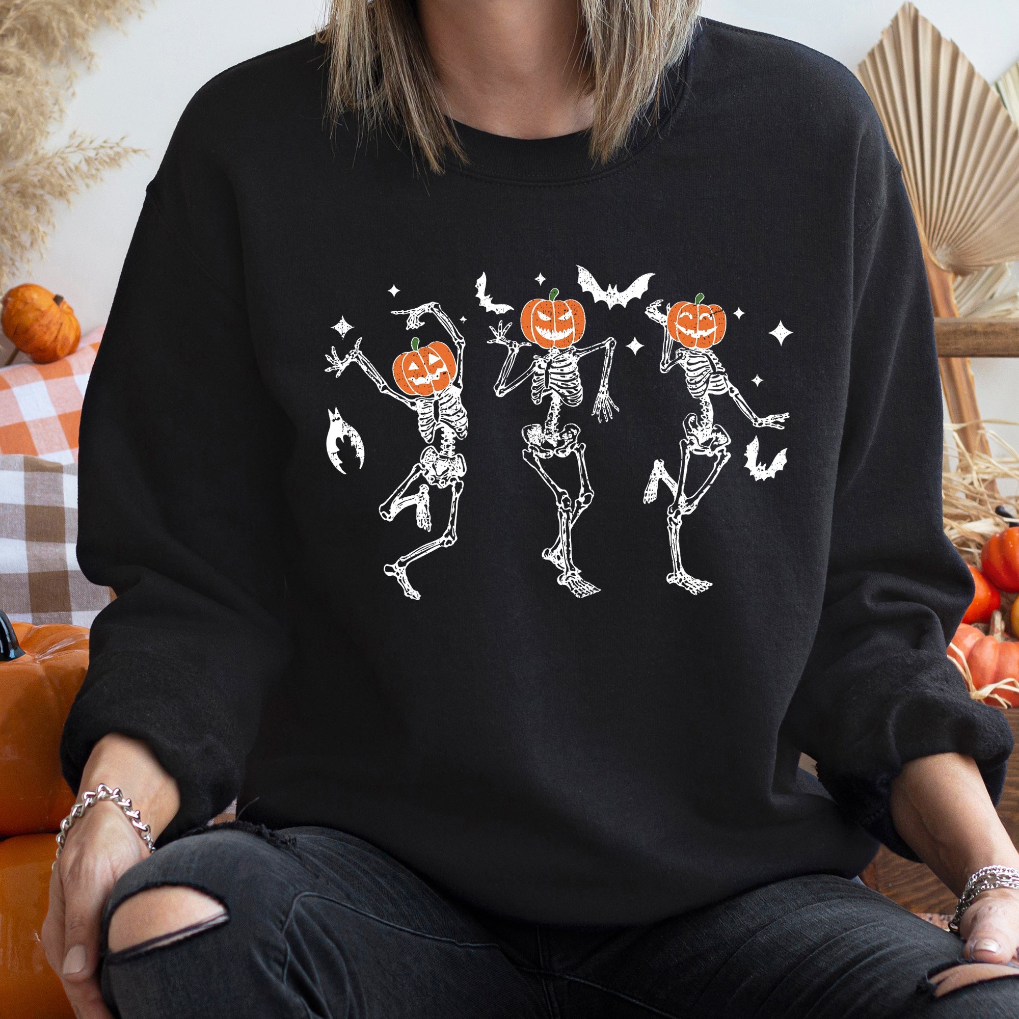 Dancing Pumpkin Heads Halloween Spooky Season Edition Vintage Inspired Cozy Nighttime Harvest Portraits Sweatshirt