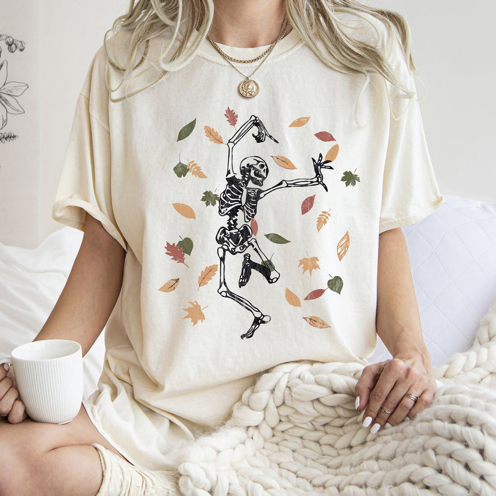 Dancing Skeleton And Leaves Retro Halloween Night Parade Scene Comfort Colors Tee