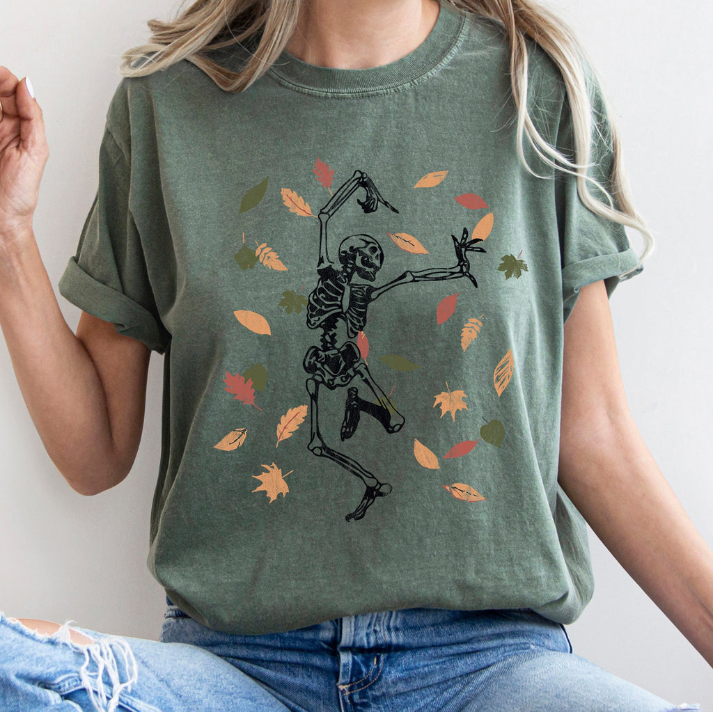 Dancing Skeleton And Leaves Retro Halloween Night Parade Scene Comfort Colors Tee