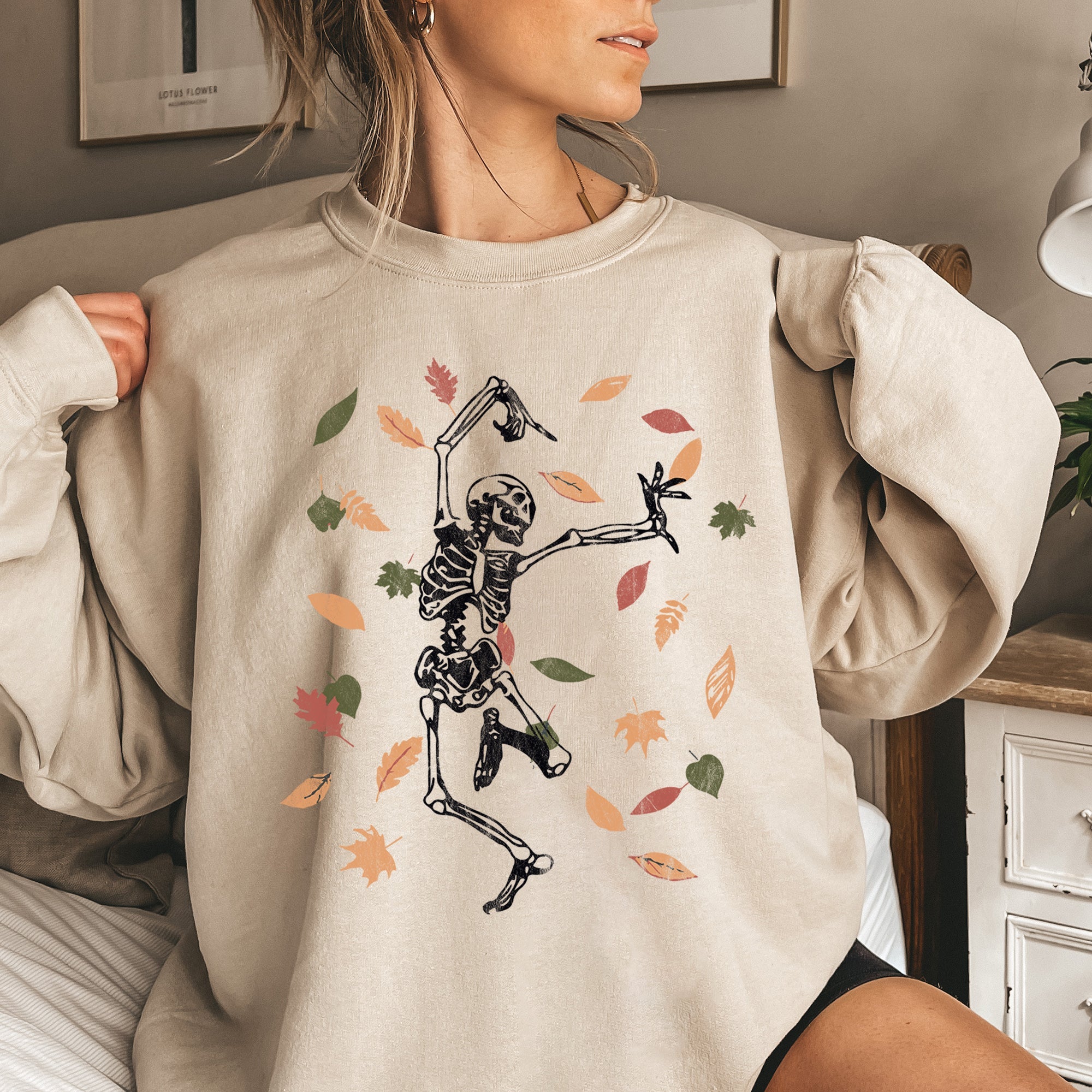 Dancing Skeleton Leaves Halloween Night Forest Parade Vibes Retro Gothic Spirit Sweatshirt