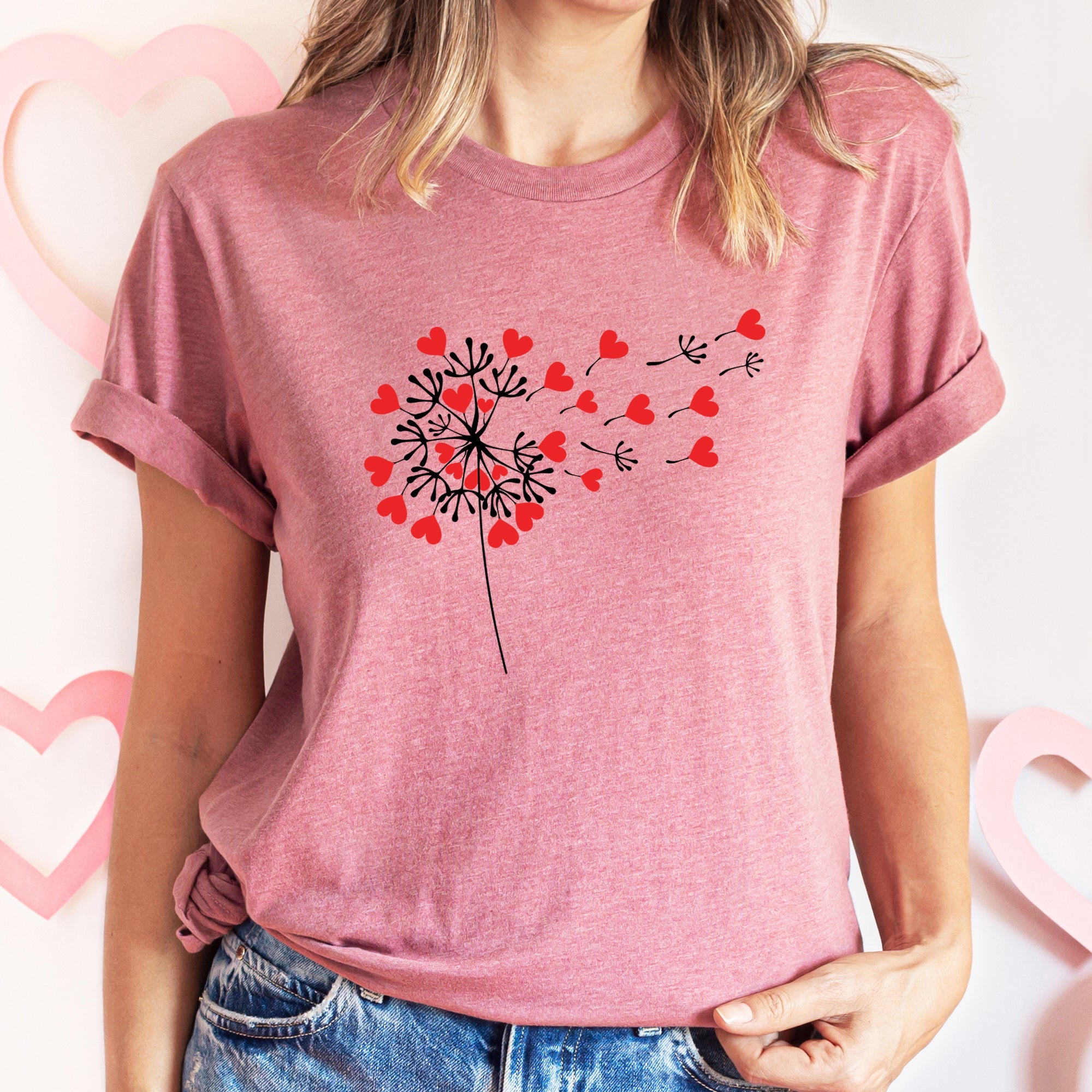 Dandelion Hearts Flower Valentine's Day Love Garden Botanical Illustration Soft Cotton Everyday Wear Graphic Tee