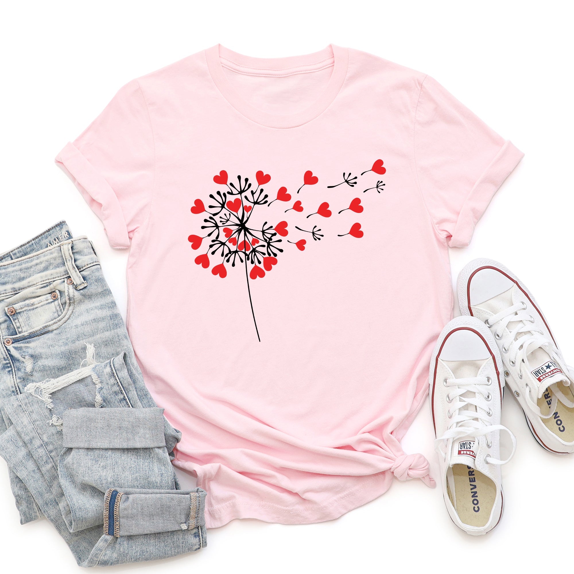 Dandelion Hearts Flower Valentine's Day Love Garden Botanical Illustration Soft Cotton Everyday Wear Graphic Tee