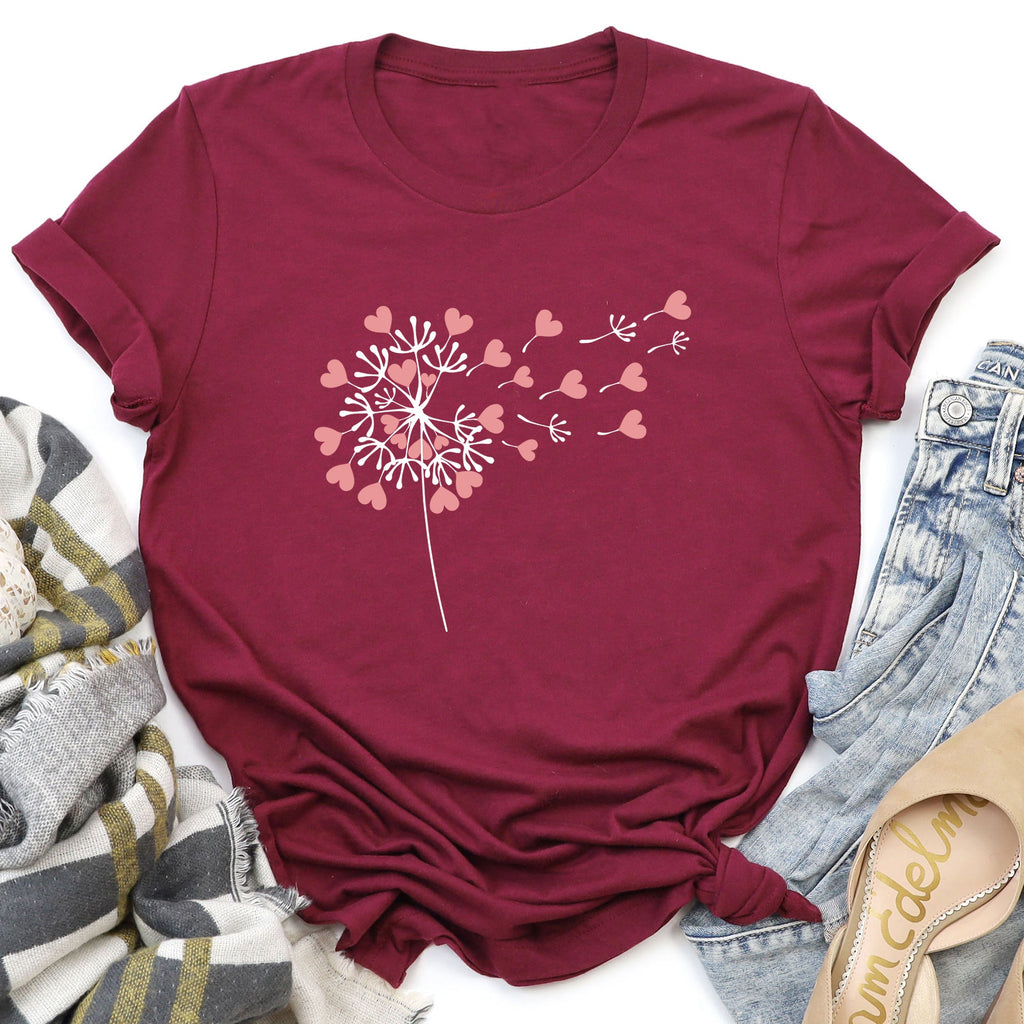 Dandelion Hearts Flower Valentine's Day Love Garden Botanical Illustration Soft Cotton Everyday Wear Graphic Tee