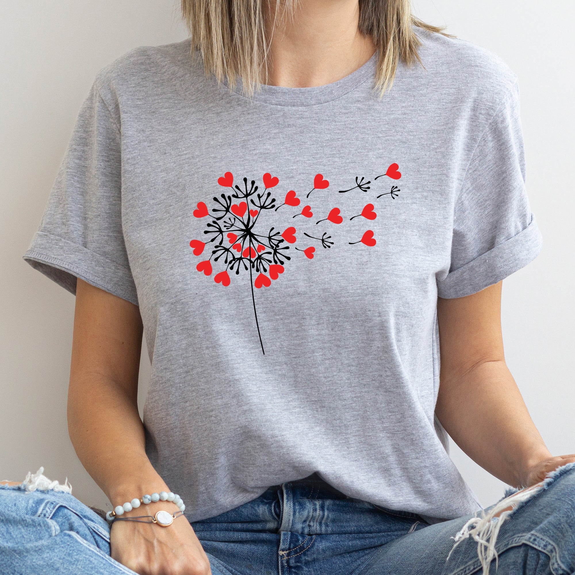 Dandelion Hearts Flower Valentine's Day Love Garden Botanical Illustration Soft Cotton Everyday Wear Graphic Tee