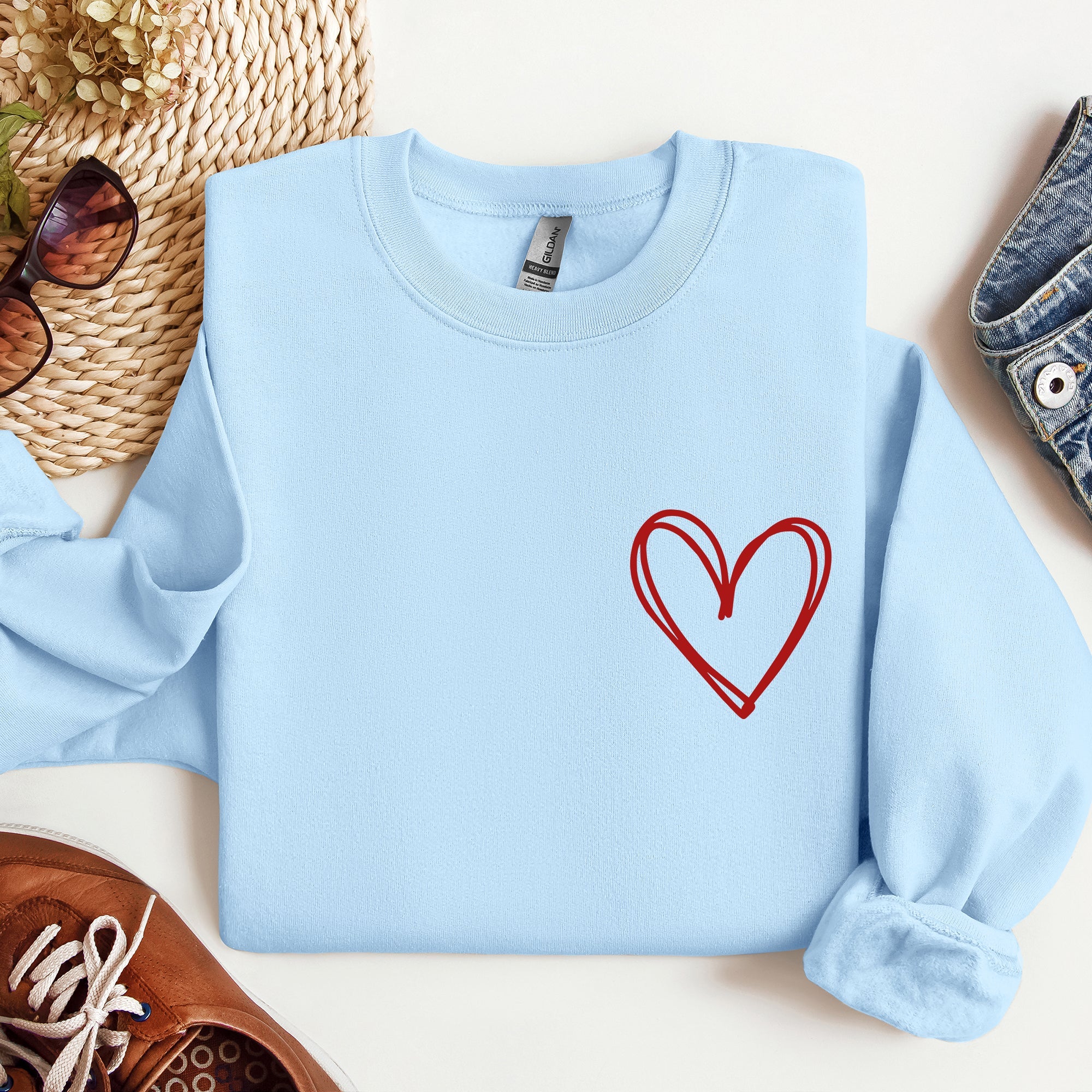 Double Heart Pocket Print Valentine's Day Cozy Brushed Fleece Premium Cotton Sweatshirt