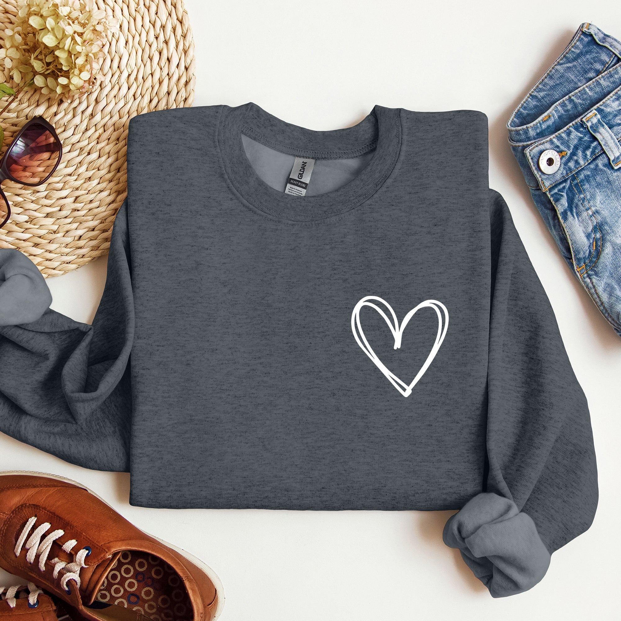 Double Heart Pocket Print Valentine's Day Cozy Brushed Fleece Premium Cotton Sweatshirt