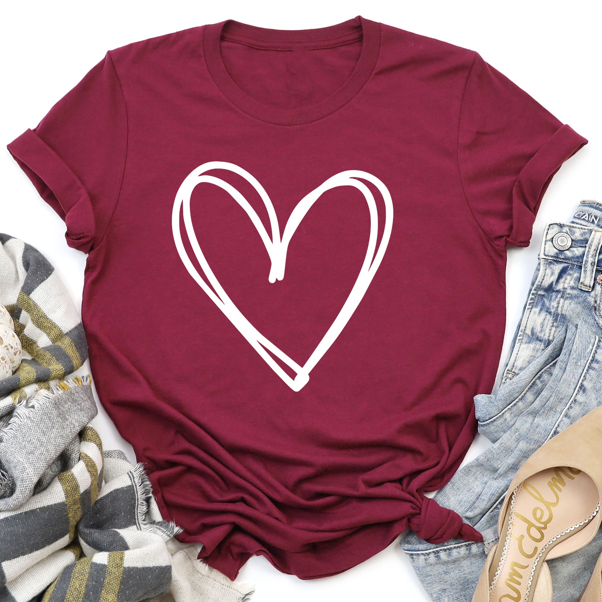Double Heart Sketch Doodle Love Valentine Theme Hand Drawn Hearts And Expressive Script Typography Graphic Tee