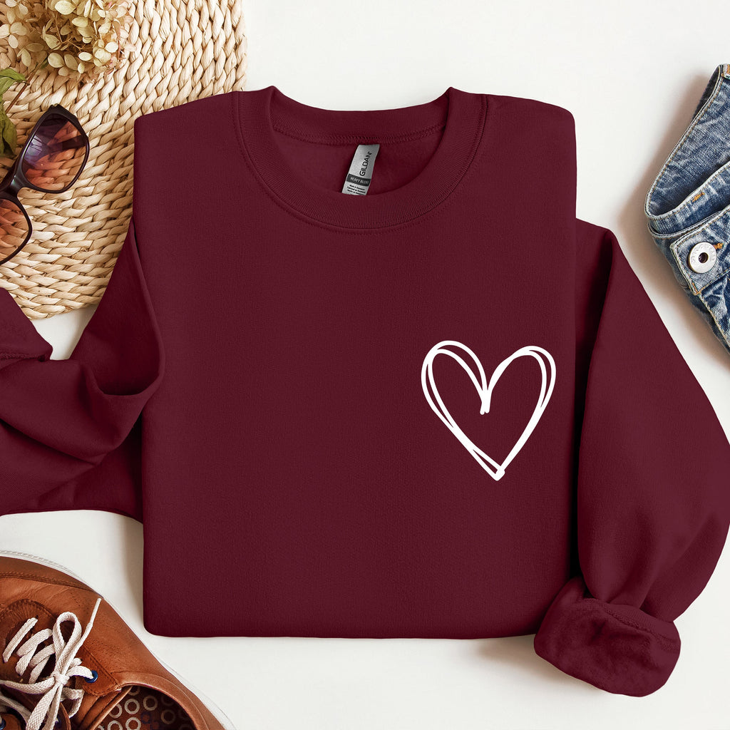 Double Heart Pocket Print Valentine's Day Cozy Brushed Fleece Premium Cotton Sweatshirt