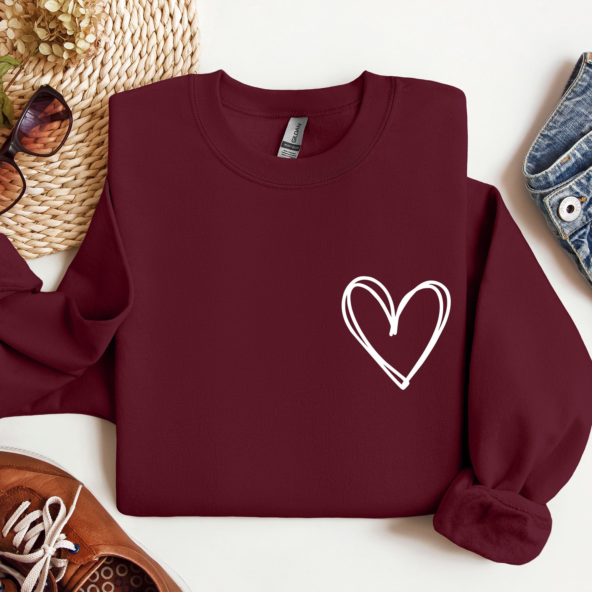 Double Heart Pocket Print Valentine's Day Cozy Brushed Fleece Premium Cotton Sweatshirt