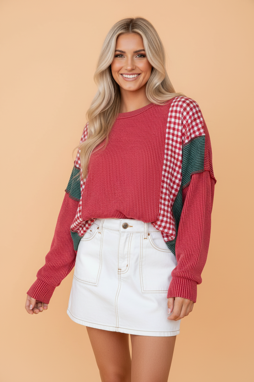 Gingham Patchwork Corded Knit Long Sleeve Top