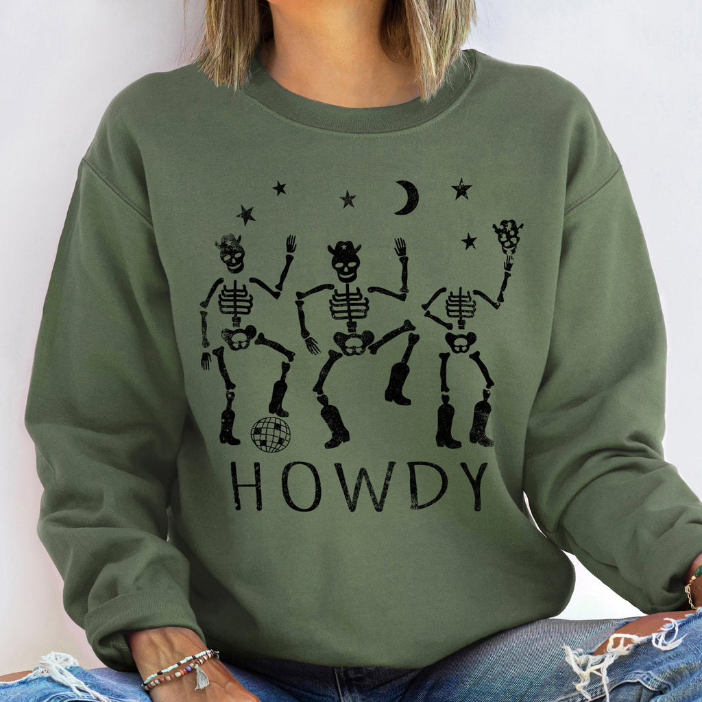 Howdy Skeletons Halloween Night Edition Cozy Fleece Graphic For Haunted Season Sweatshirt