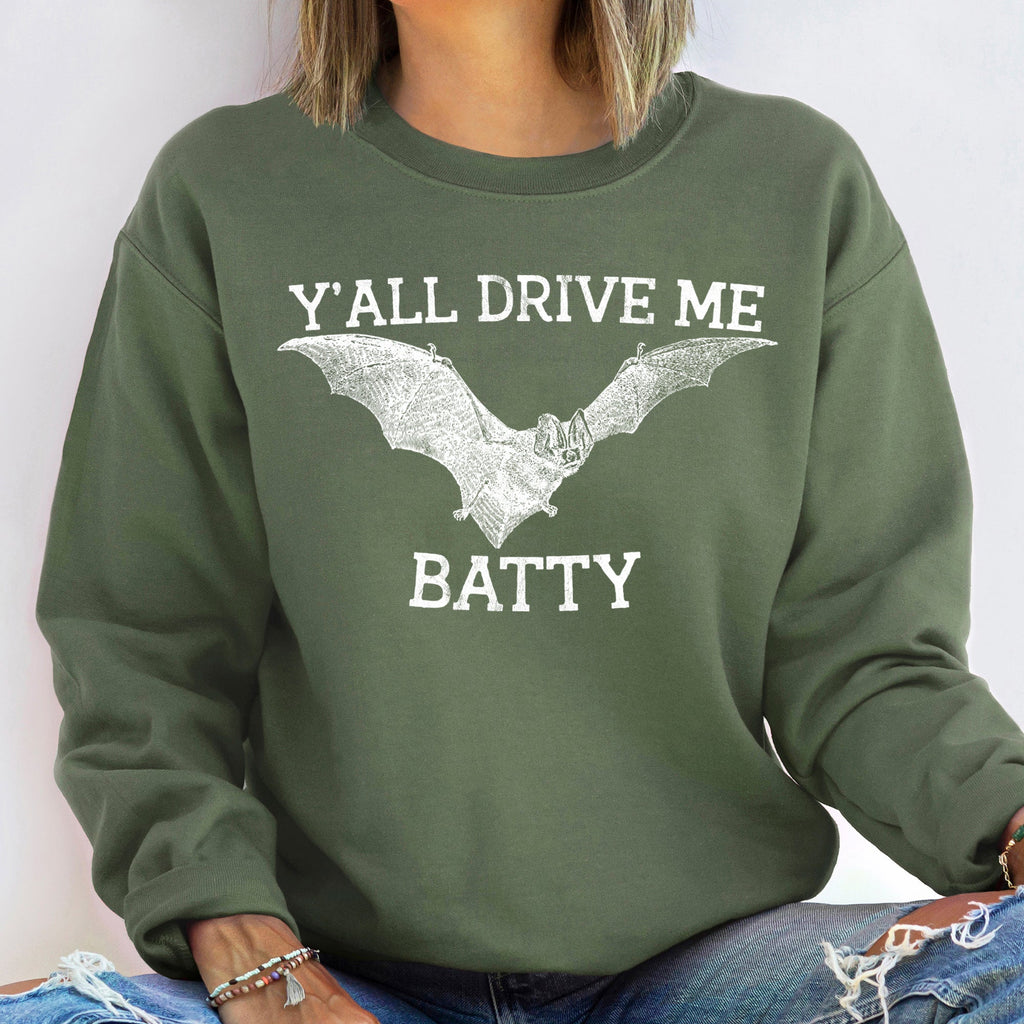 Y'all Drive Me Batty Vintage Halloween Graphic Sweatshirt With Soft Cotton Blend And Classic Cozy Fit