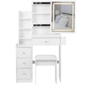 Cabinet Vanity Table & Cushioned Stool, USB Power Station, Hair Dryer Bracket - White