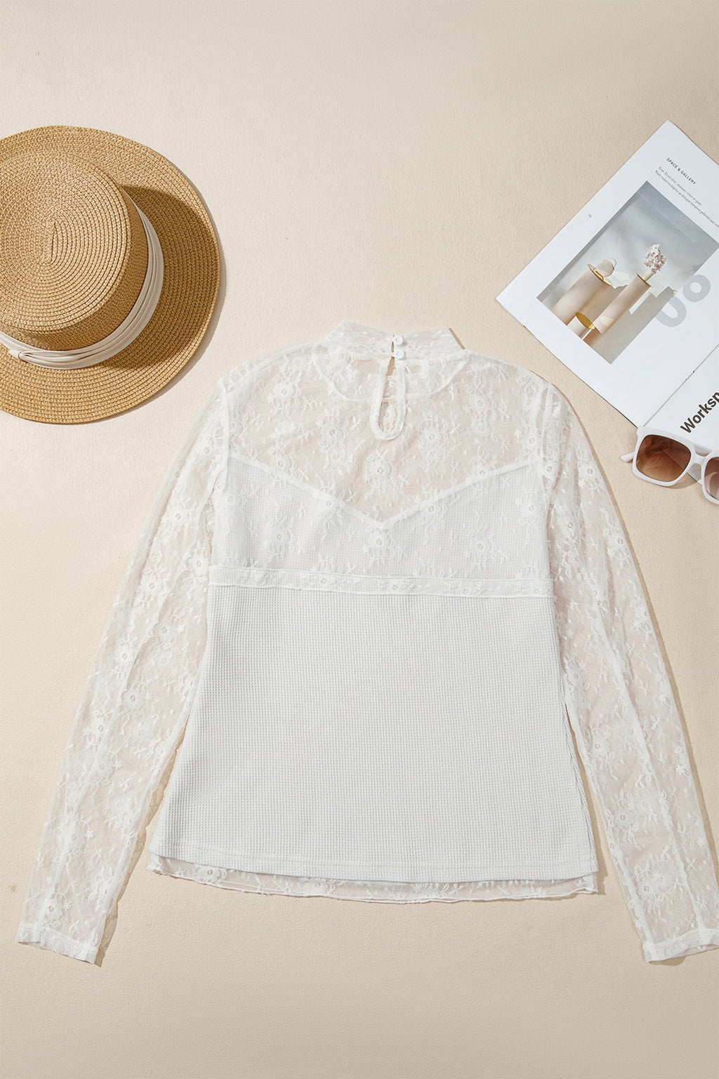 Lace Mesh Patchwork Ribbed Long Sleeve Top