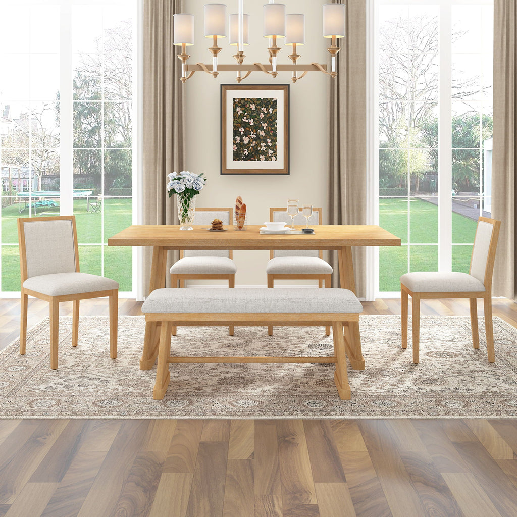 Dining Set With Rectangular Table, 4 Upholstered Chairs & 1 Padded Bench