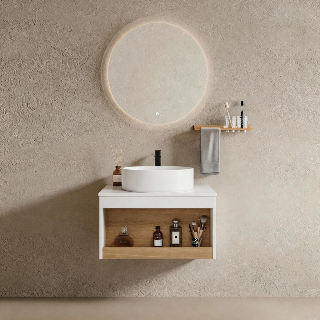 Floating Bathroom Vanity With Glossy Round Vessel Sink