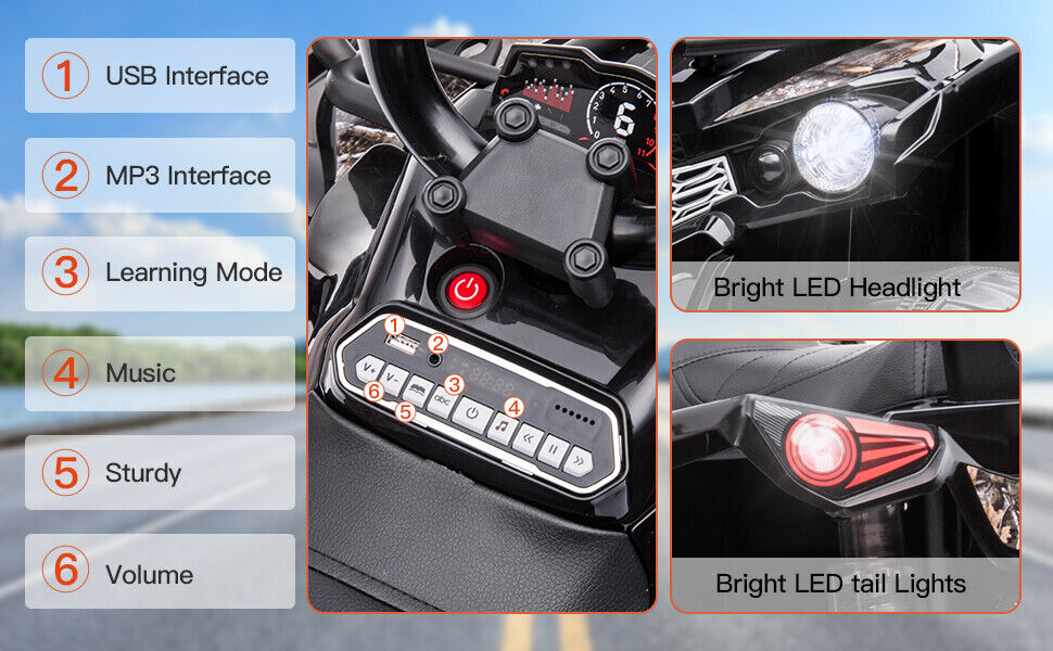 Electric 4-Wheeler Quad for Kids with MP3 and Headlights - 2 Speeds, 12V, Black
