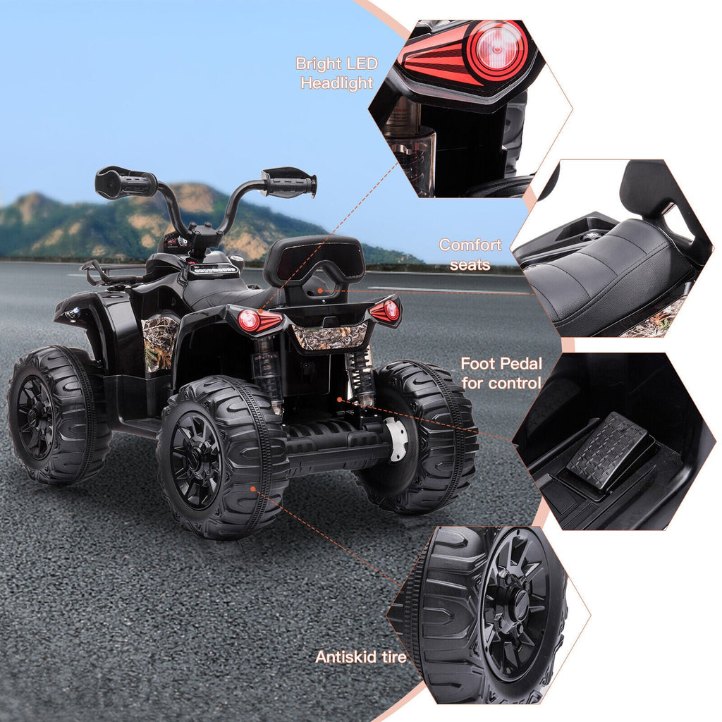 Electric 4-Wheeler Quad for Kids with MP3 and Headlights - 2 Speeds, 12V, Black