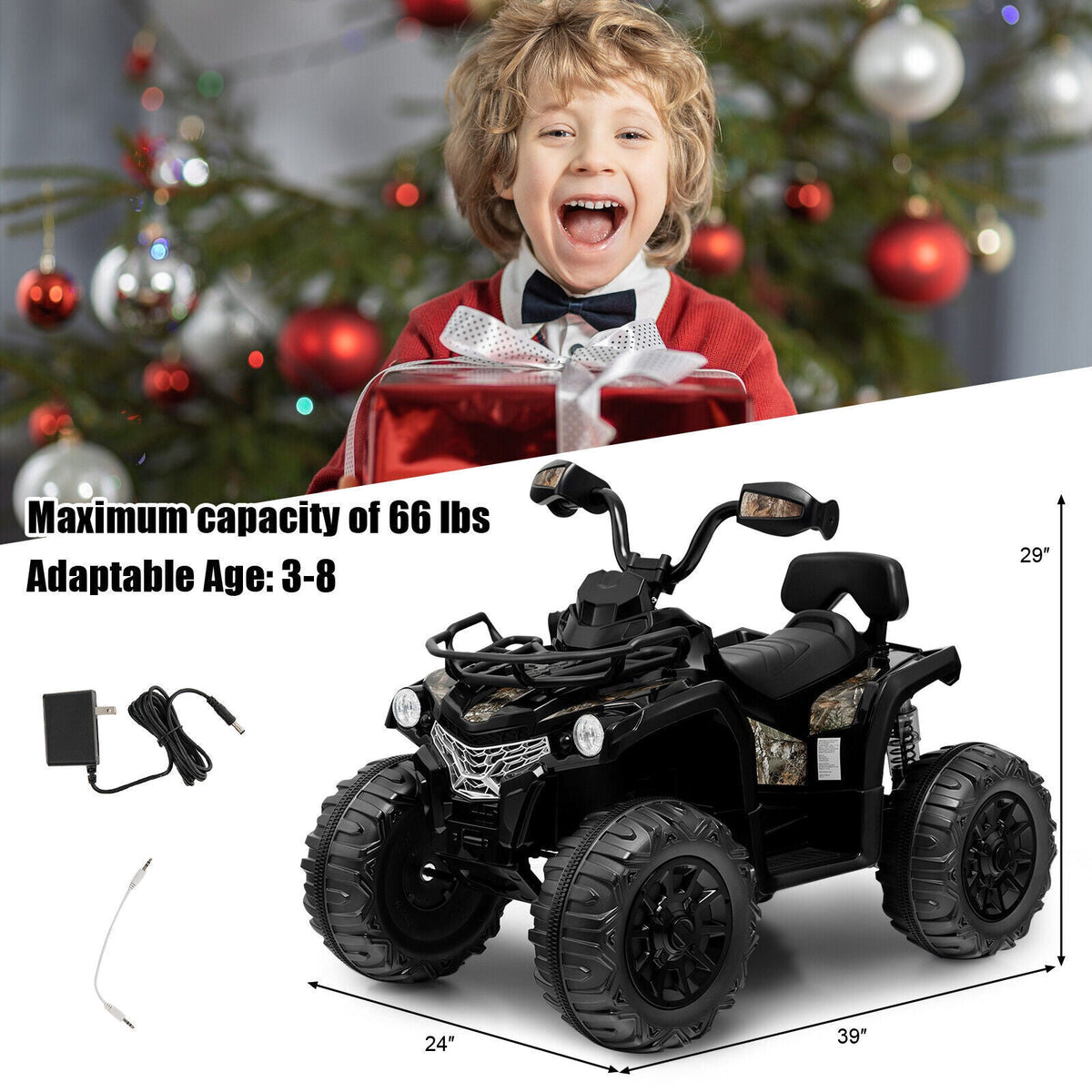 Electric ATV 4-Wheeler Quad Car Toy for Kids - 12V, 2 Speeds, MP3, Headlights