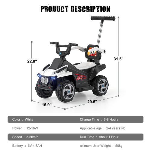 Electric ATV Quad 6V Ride-On Toy Car for Kids with LED Headlights - White