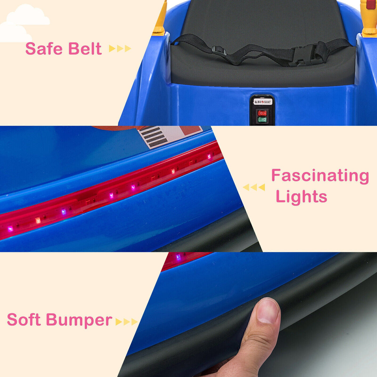 Electric Bumper Car for Kids with Lights, Music, and Parental Control - Pink/Blue