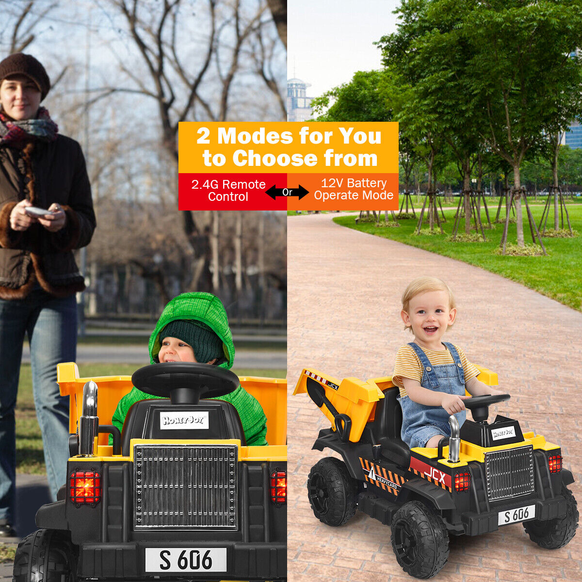 Electric Dump Truck RC Construction Tractor for Kids - 12V Battery Powered with Functional Bucket
