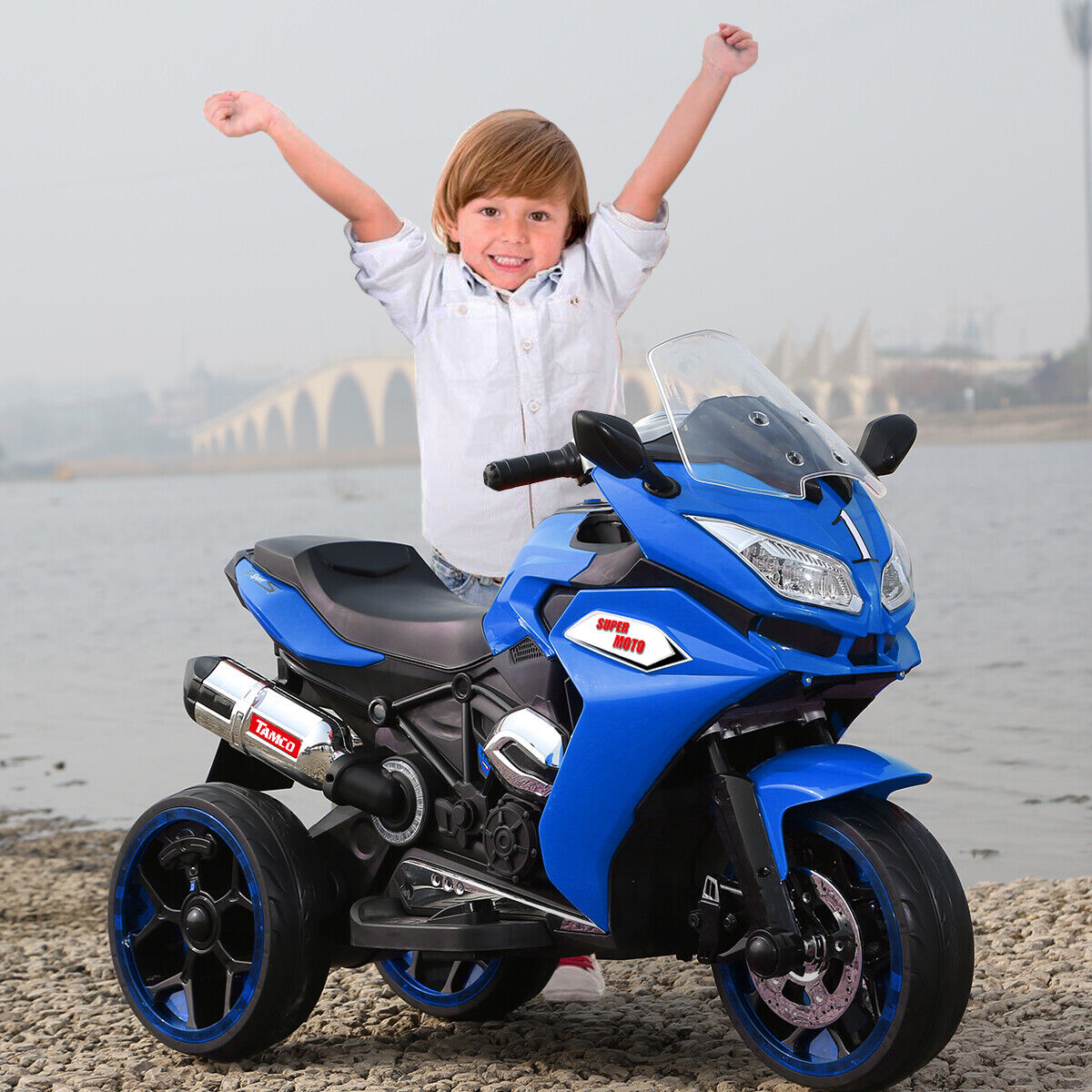Electric Kids Motorcycle with LED Lights, Music, and Screen - Blue
