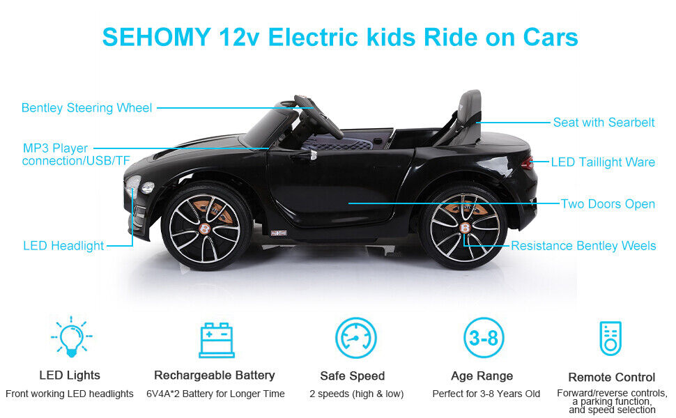 Electric Kids Ride-On Car Bentley Style with Remote Control and LED Lights - Black