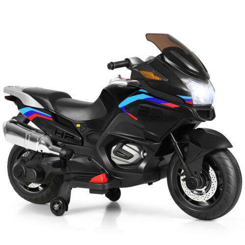 Electric Kids Ride On Motorcycle with Training Wheels - Black (12V)