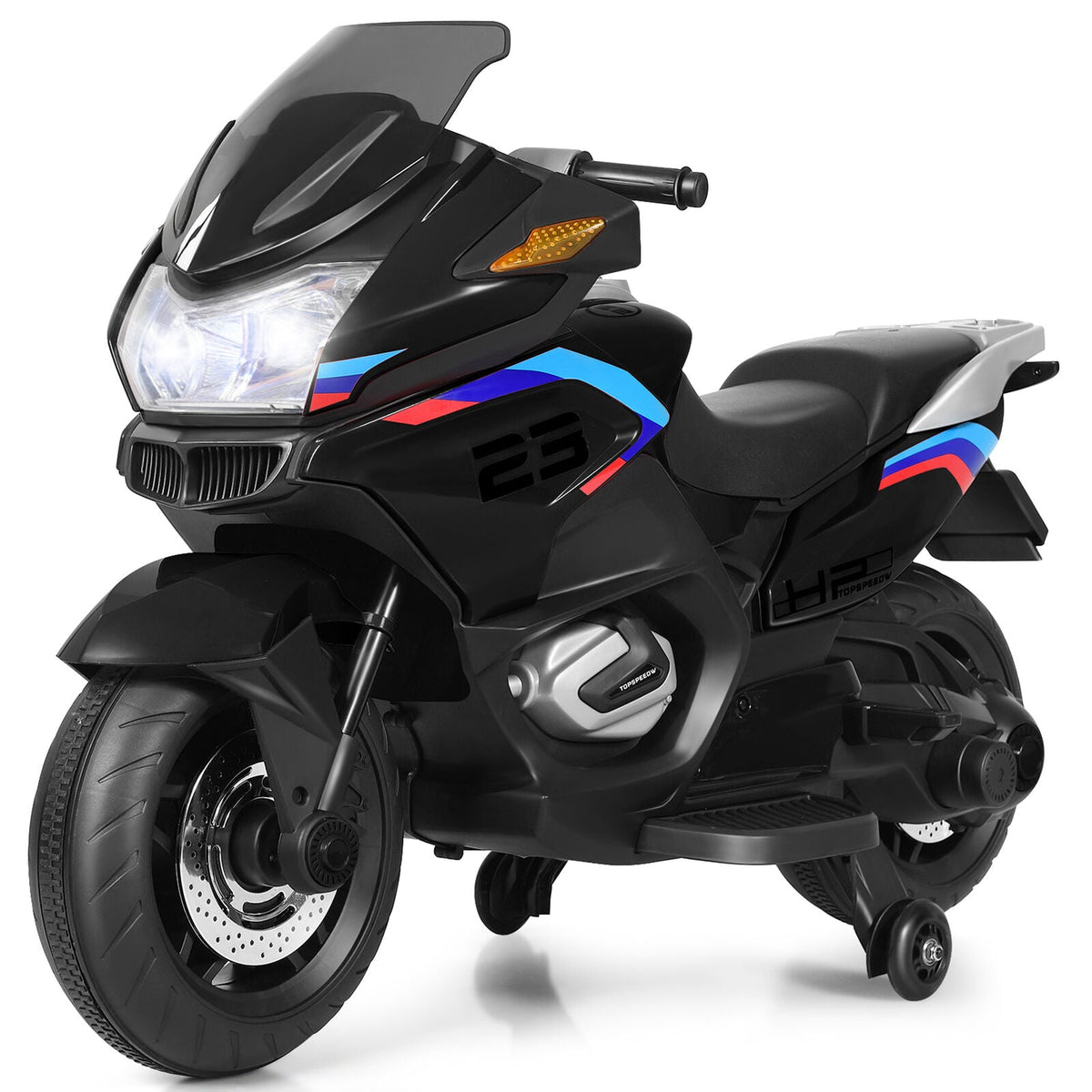 Electric Kids Ride On Motorcycle with Training Wheels - Black (12V)