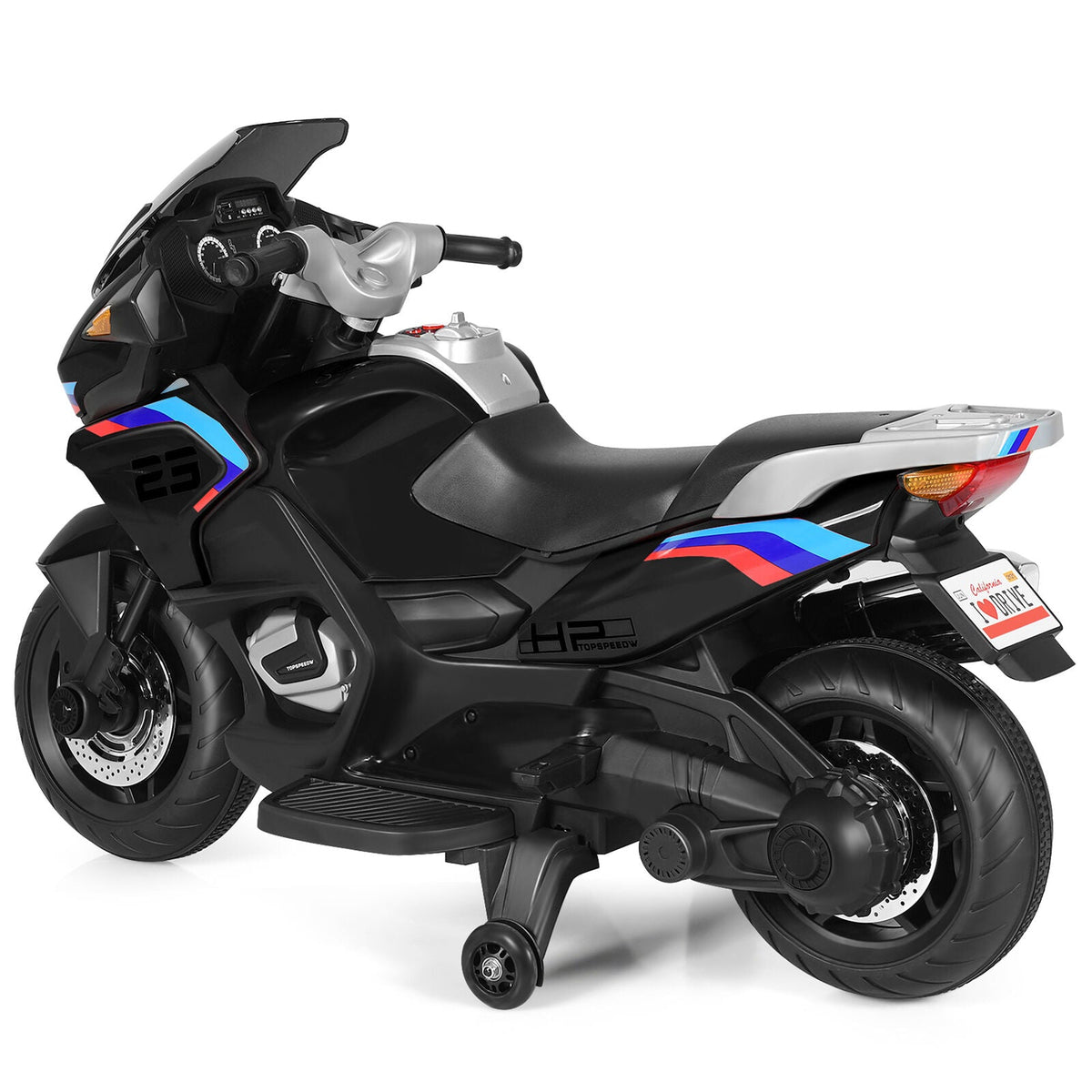 Electric Kids Ride On Motorcycle with Training Wheels - Black (12V)