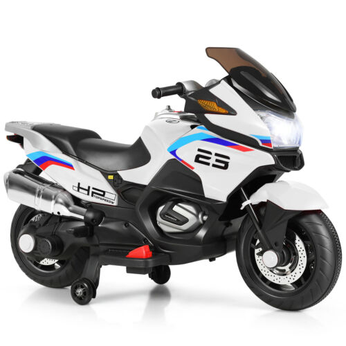 Electric Kids Ride On Motorcycle with Training Wheels - White (12V)