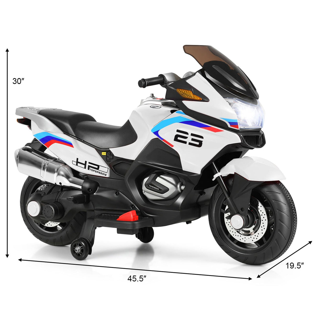 Electric Kids Ride On Motorcycle with Training Wheels - White (12V)