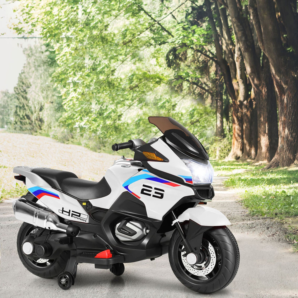Electric Kids Ride On Motorcycle with Training Wheels - White (12V)