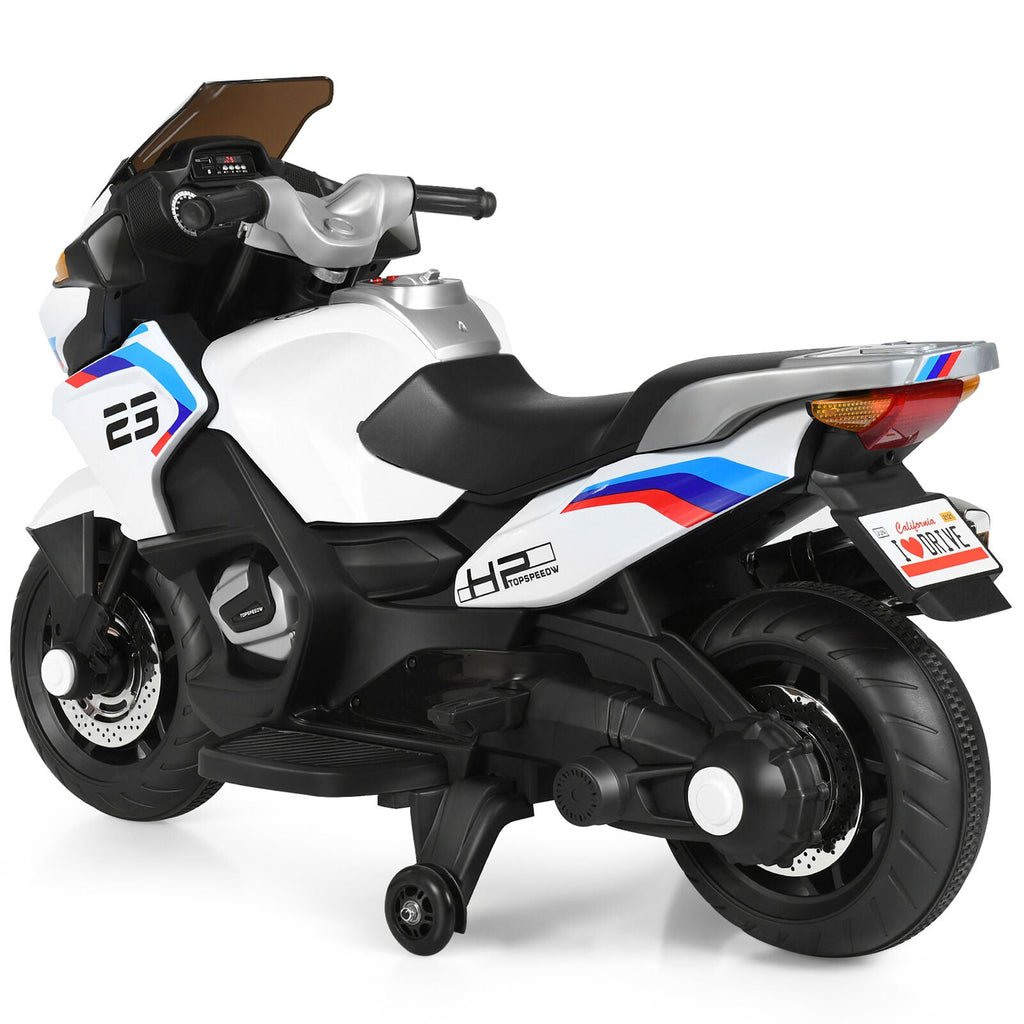 Electric Kids Ride On Motorcycle with Training Wheels - White (12V)