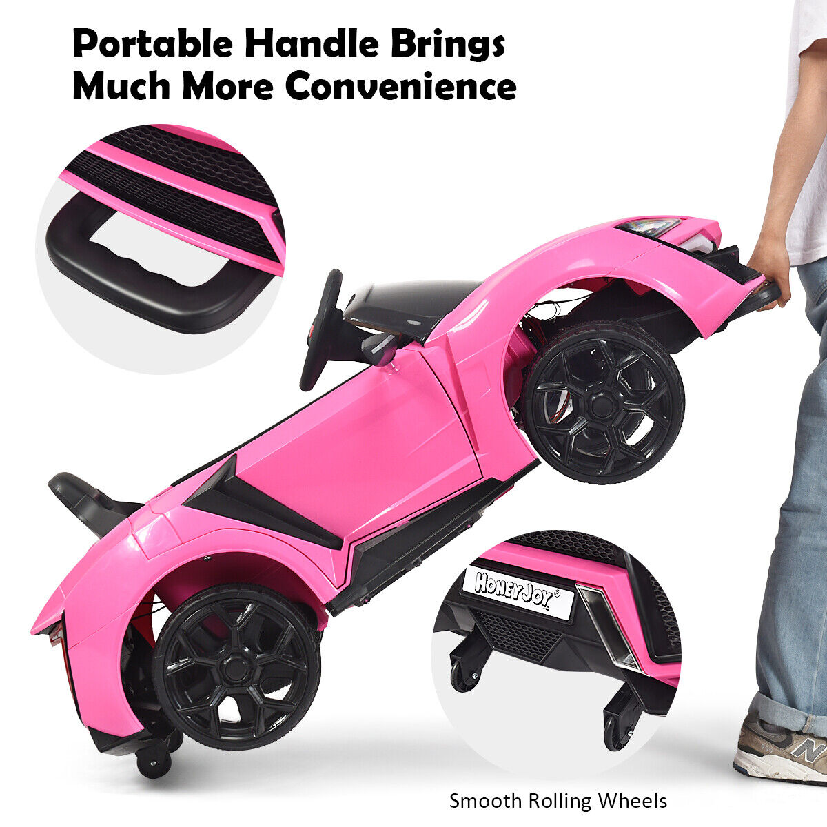 Electric Pink Ride-On Car for Kids with Remote Control, Lights, MP3 Player, and Openable Doors