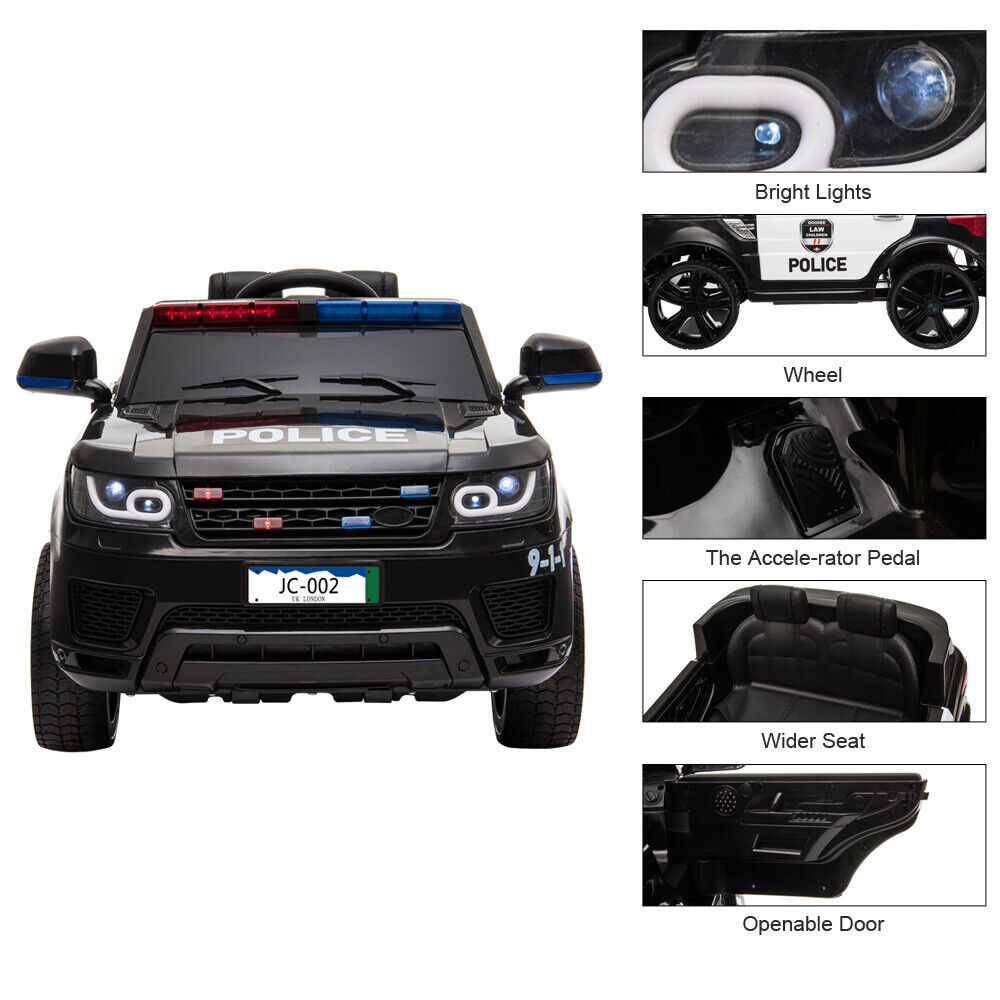 Electric Police Car for Kids with Remote Control, Flashing Lights, Music, and Horn - 12V