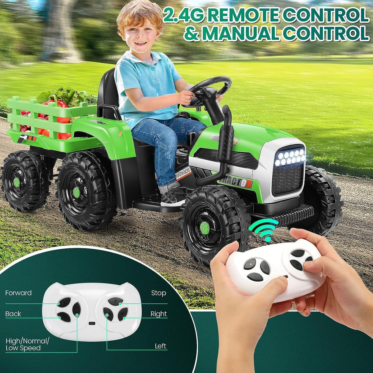 Electric Ride-On Tractor for Kids with Remote Control and LED Headlights