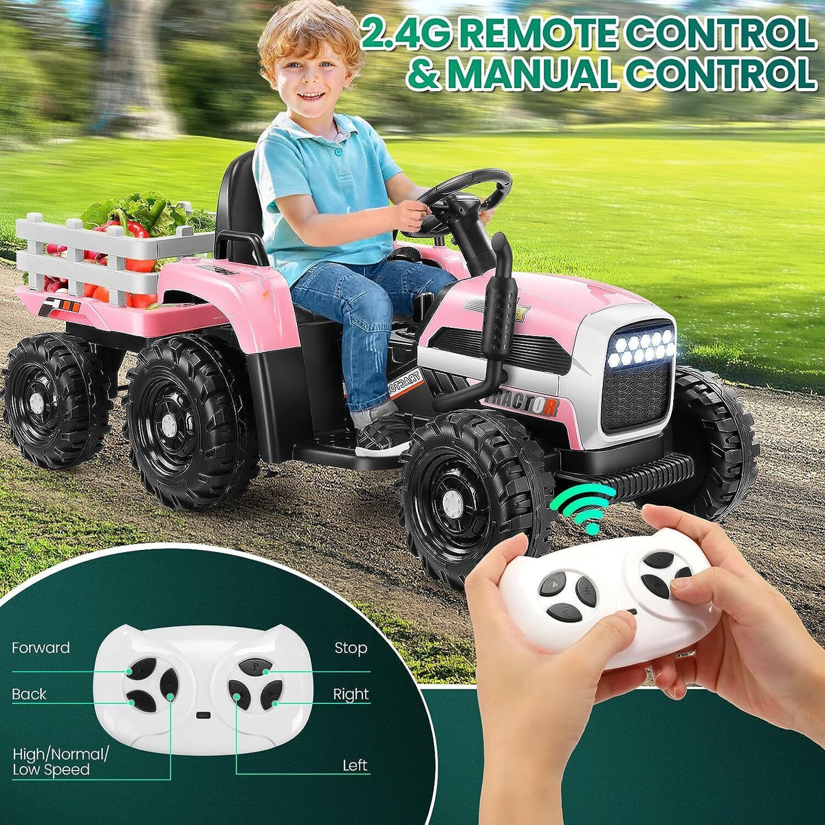 Electric Ride-On Tractor for Kids with Remote Control and LED Headlights