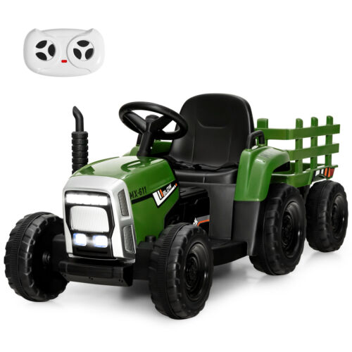 Electric Ride-On Tractor with Trailer and Remote Control - Dark Green with Lights