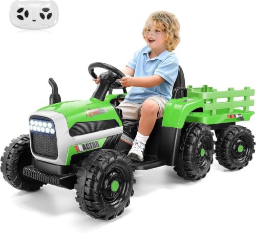 Electric Ride-On Tractor with Trailer for Kids - Remote Controlled 12V Toy Vehicle