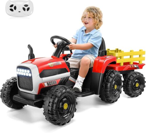 Electric Tractor Ride-On Toy Car with Trailer for Kids - 12V Battery Powered