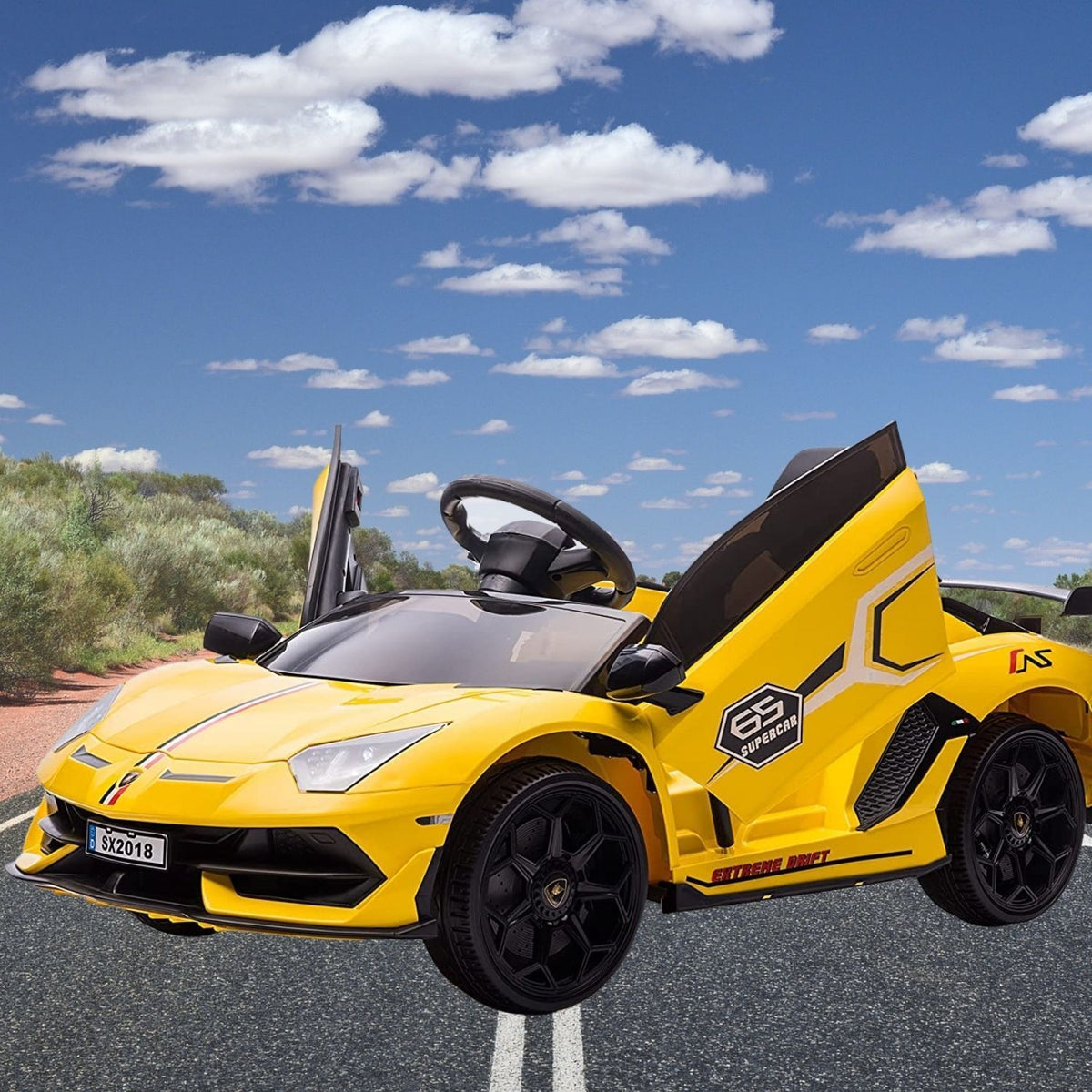 Electric Sport Car for Kids with LED MP3, Remote Control, and Hydraulic Doors - 12V Ride On Toy