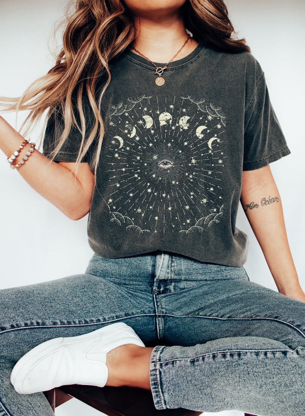 Celestial Moon Phases and Stars Cosmic Night Sky Print With Nebula Accents and Dreamy Astronomy Motif Comfort Colors Tee