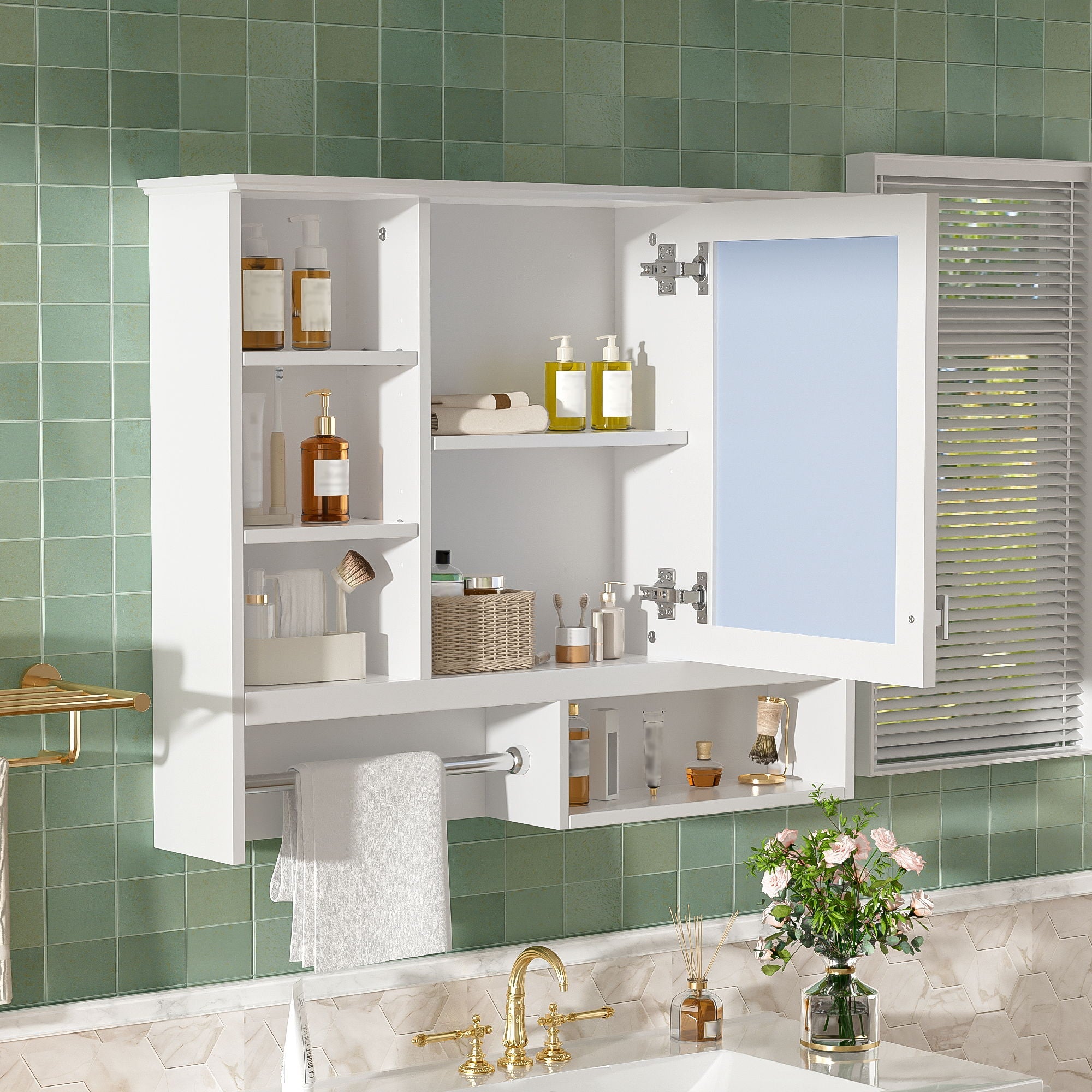 Wall Mount 2 In 1 Mirror Cabinet With Adjustable Shelves, Open Storage, For Bathroom Vanity - White