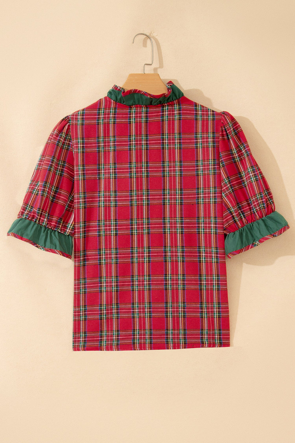 Plaid Ruffle Colorblock V-Neck Puff Sleeve Shirt