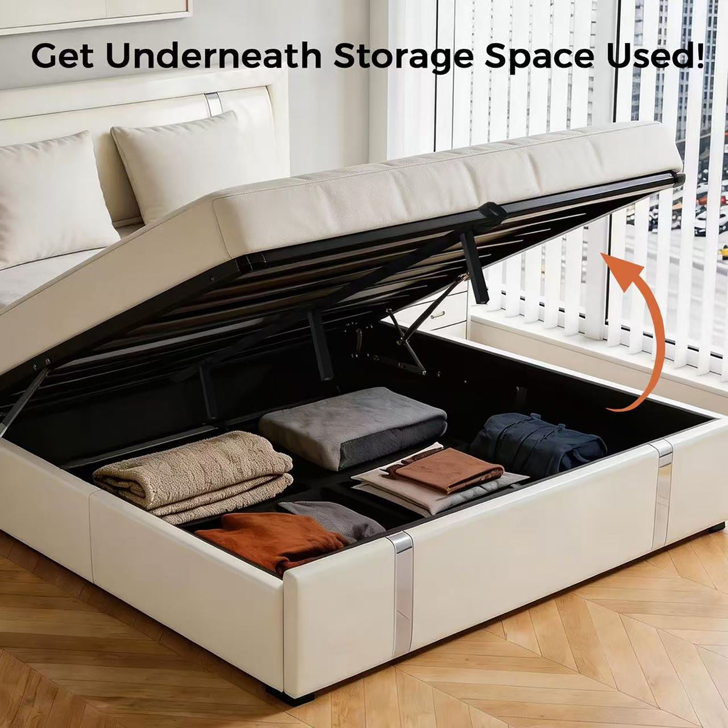 Upholstered Platform Bed Frame With Adjustable LED Headboard, USB C-Charging, Hydraulic Lift