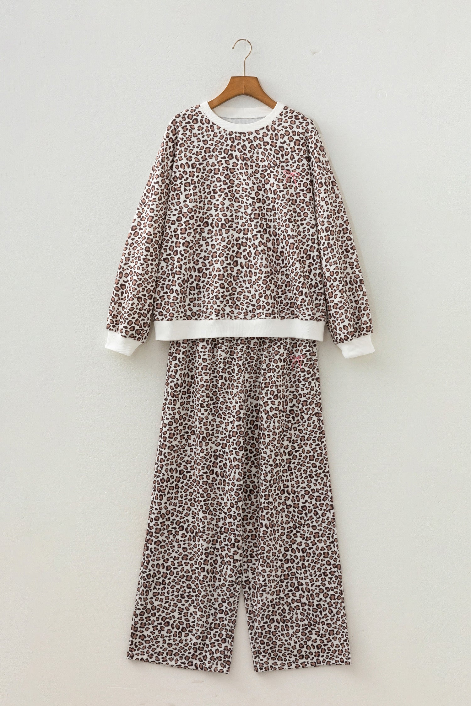 Leopard Bow Embroidered Colorblock Top & Pants Set