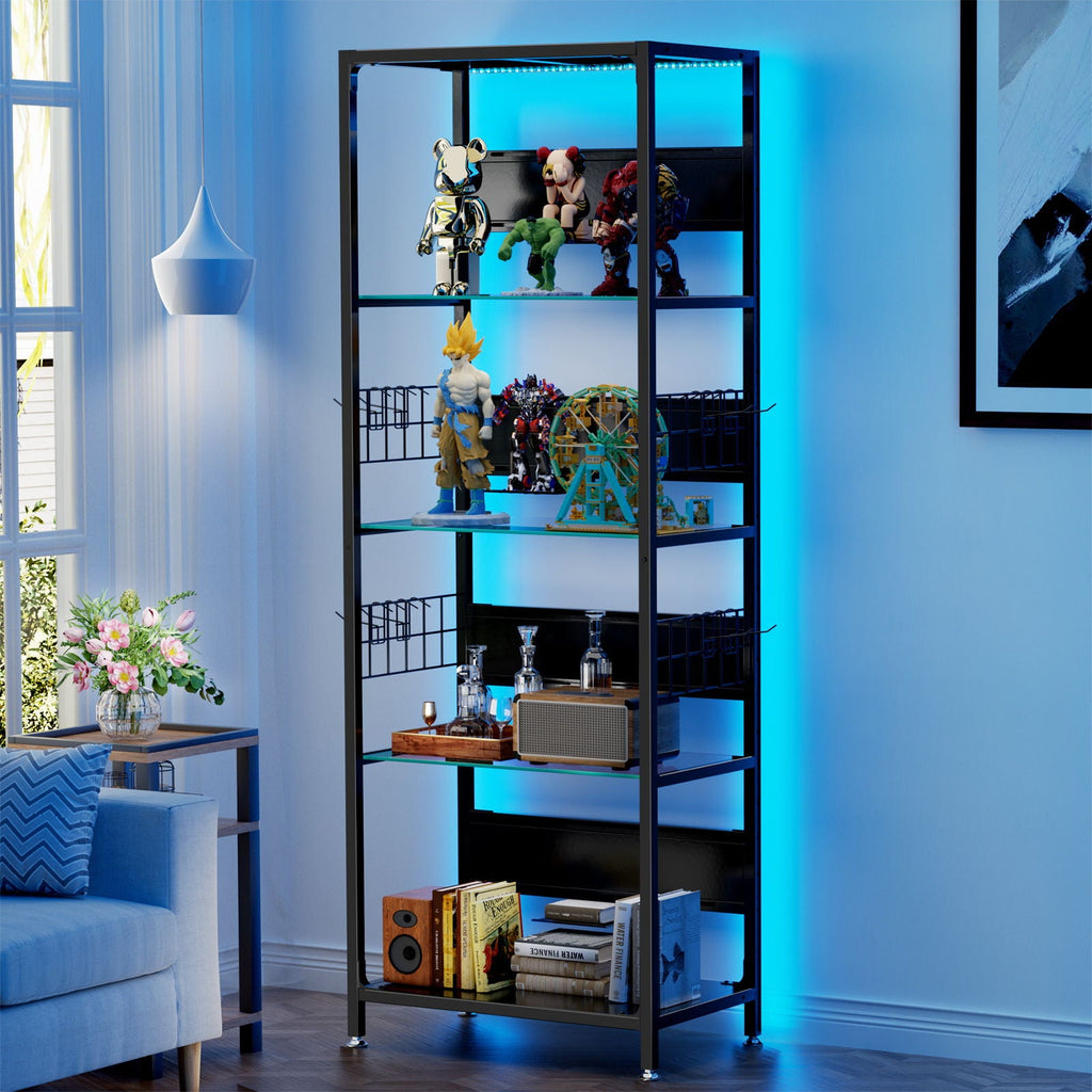 4 Tier Display Shelf With RGB Lights, LED Lighted Curio Cabinet With Adjustable Storage Box & Hooks - Black