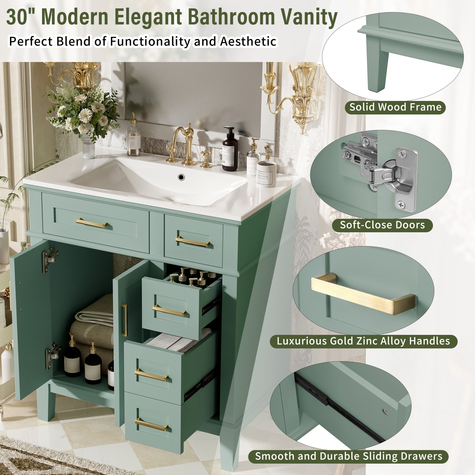 Modern Bathroom Vanity With Sink, Storage Cabinet, Soft Close Doors, Deep & Standard Drawers